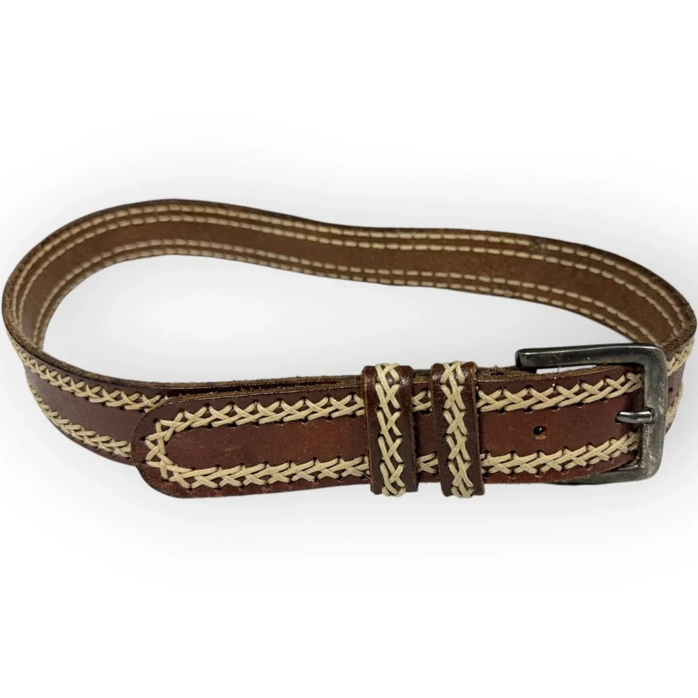 Vintage Brown Leather Whipstitch Belt Brass Buckle Boho Western 36 Inch